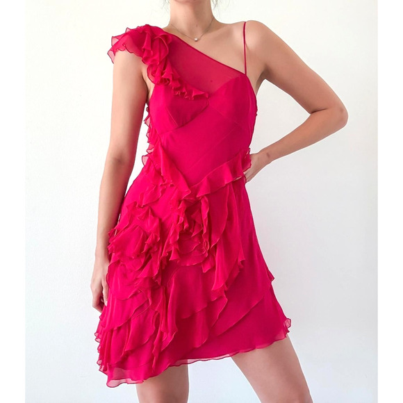 NWT Karen Millen Mini Silk Dress Fuchsia Ruffle Tiered Pink Asymmetric 10 M - Picture 1 of 10